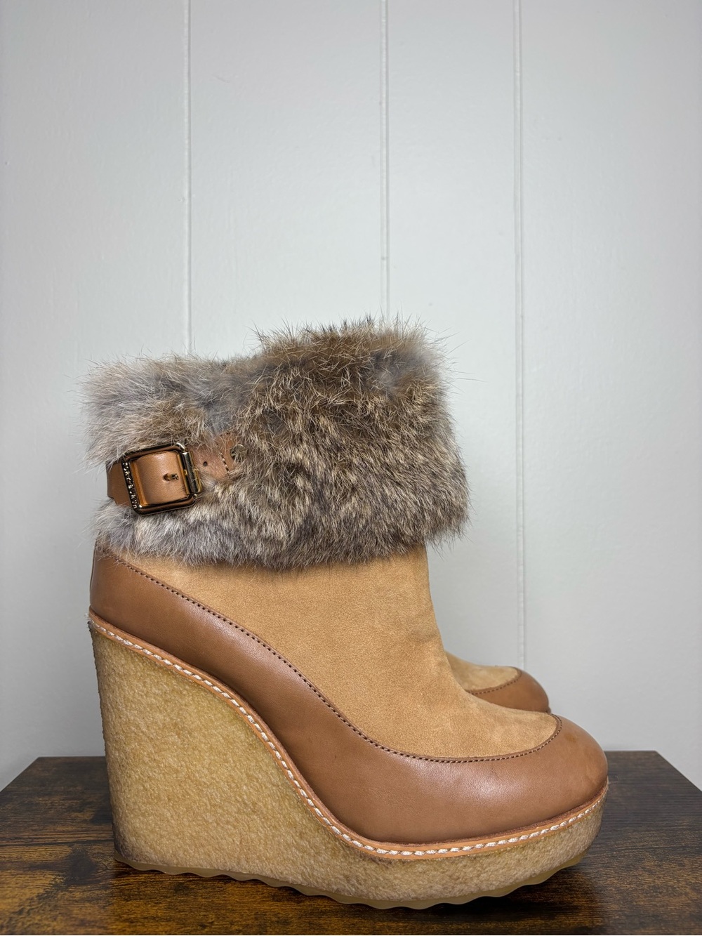 Tory Burch Wedge Ankle Booties Rabbit Fur Trim Buckle Lined Womens Size 7